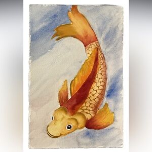 Golden Koi Original Watercolor Painting Art Ready To Frame Calm Good Fortune